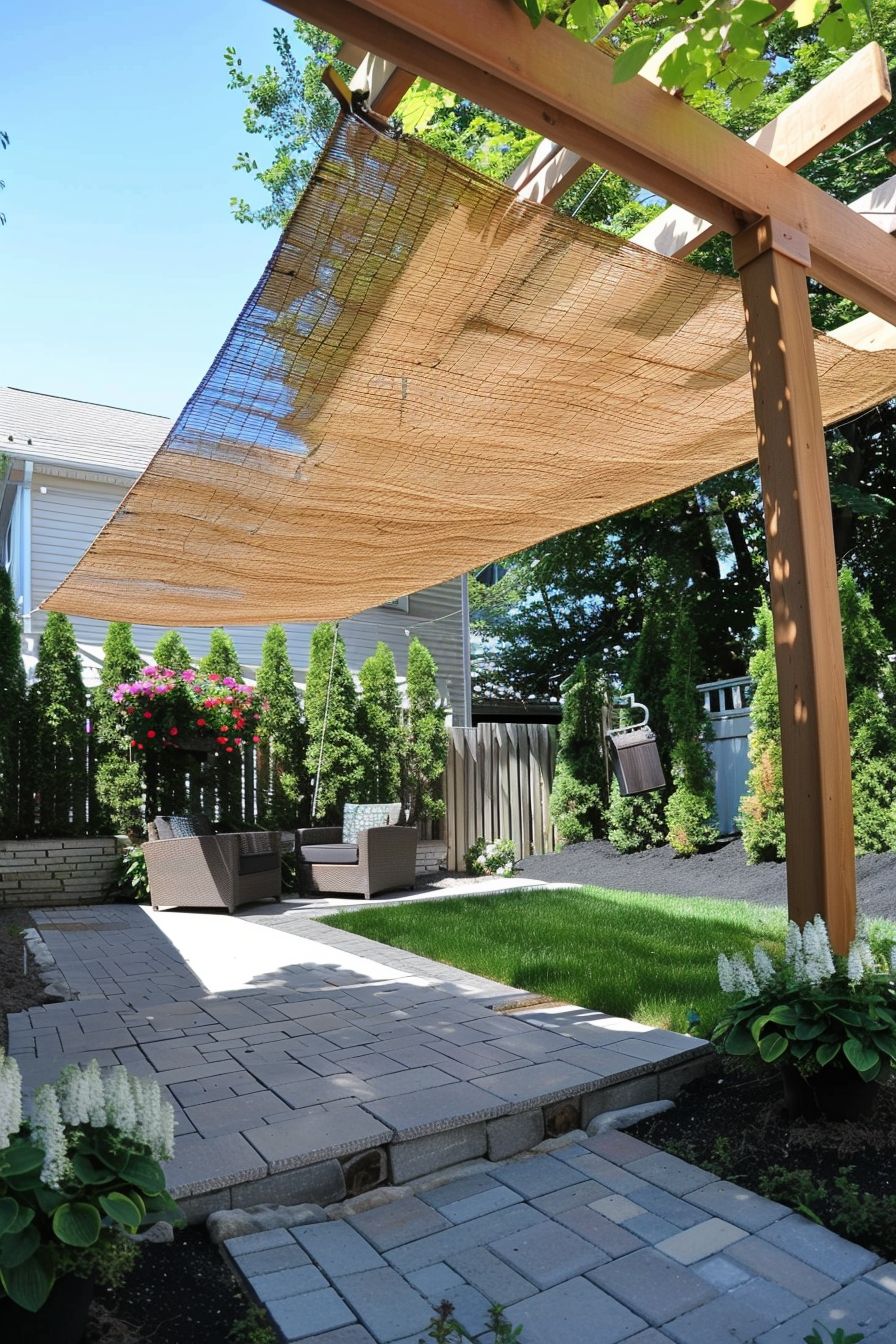 A backyard patio with a shade sail, wooden posts, outdoor furniture, paving stones, and landscaped garden.