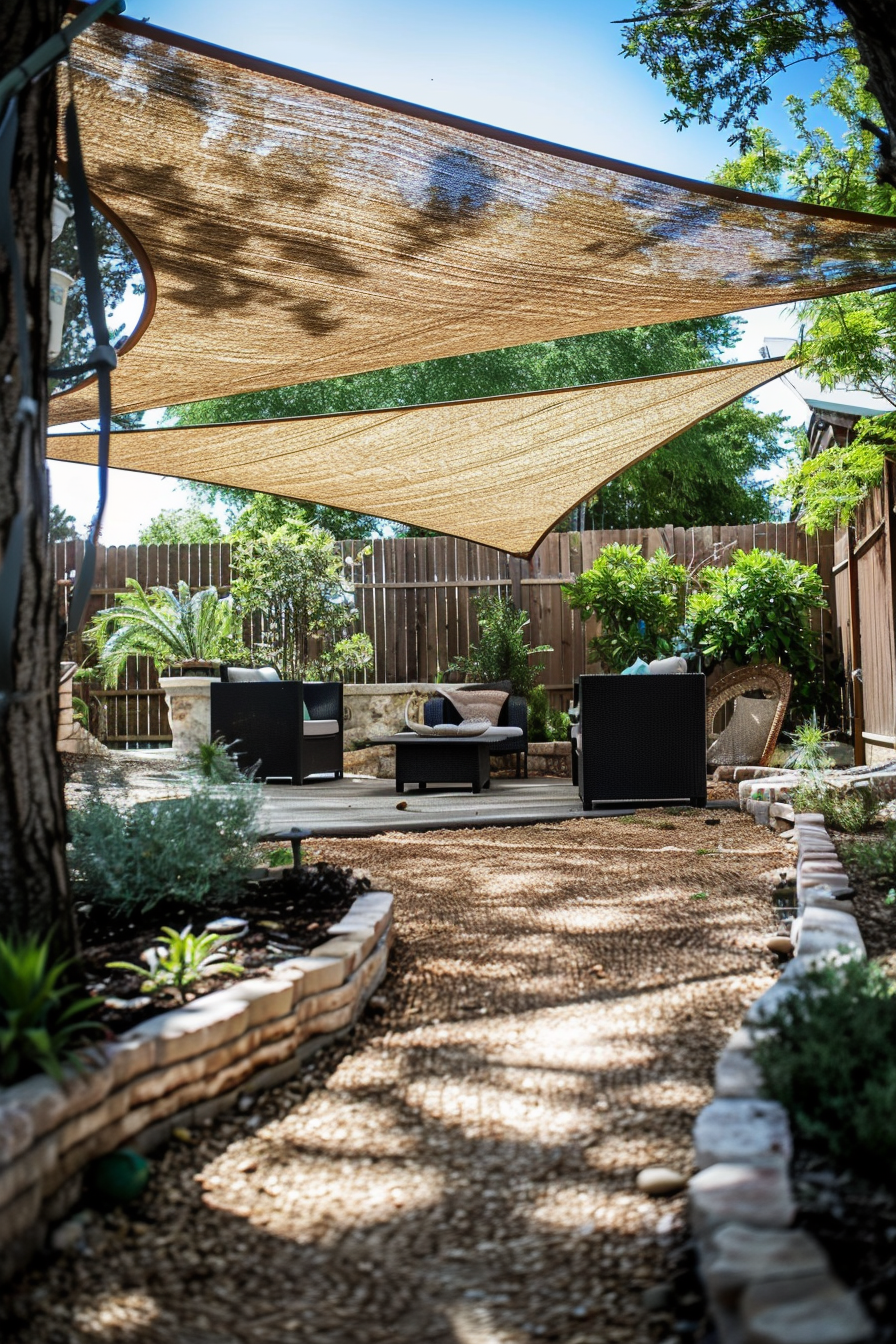 Tranquil backyard with shaded seating area, pebble path, and lush greenery under sunlit canopies.
