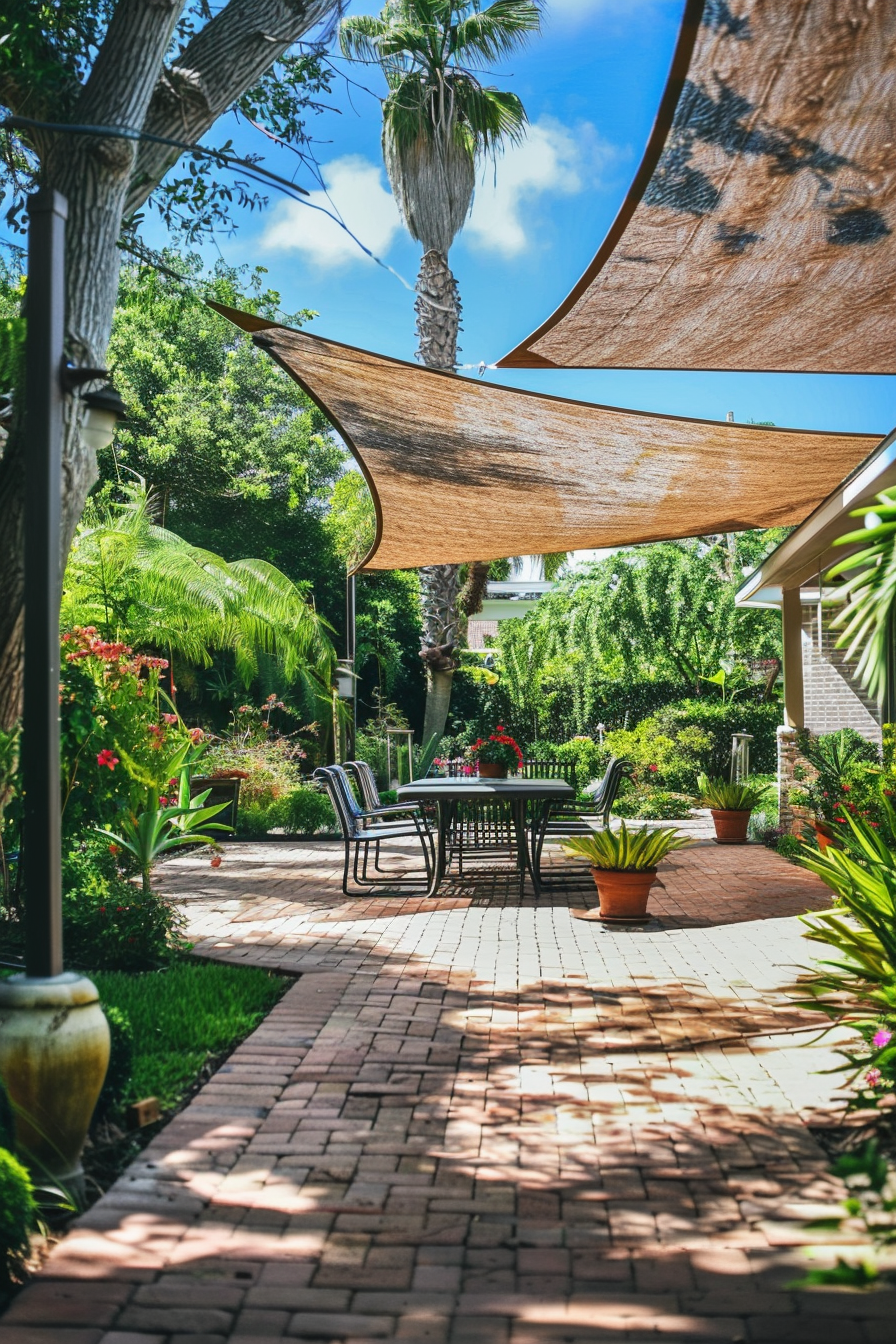 A tranquil garden patio with a seating area shaded by overhead sails, surrounded by lush greenery and a brick pathway.