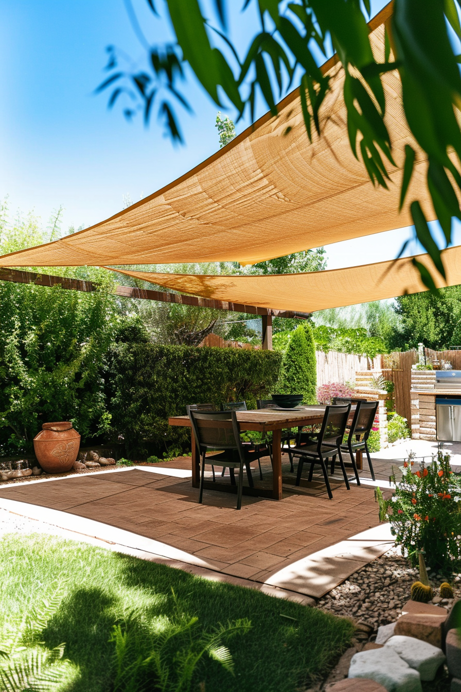 A serene backyard garden with a dining area under a shade sail, bordered by lush greenery and a clear blue sky overhead.