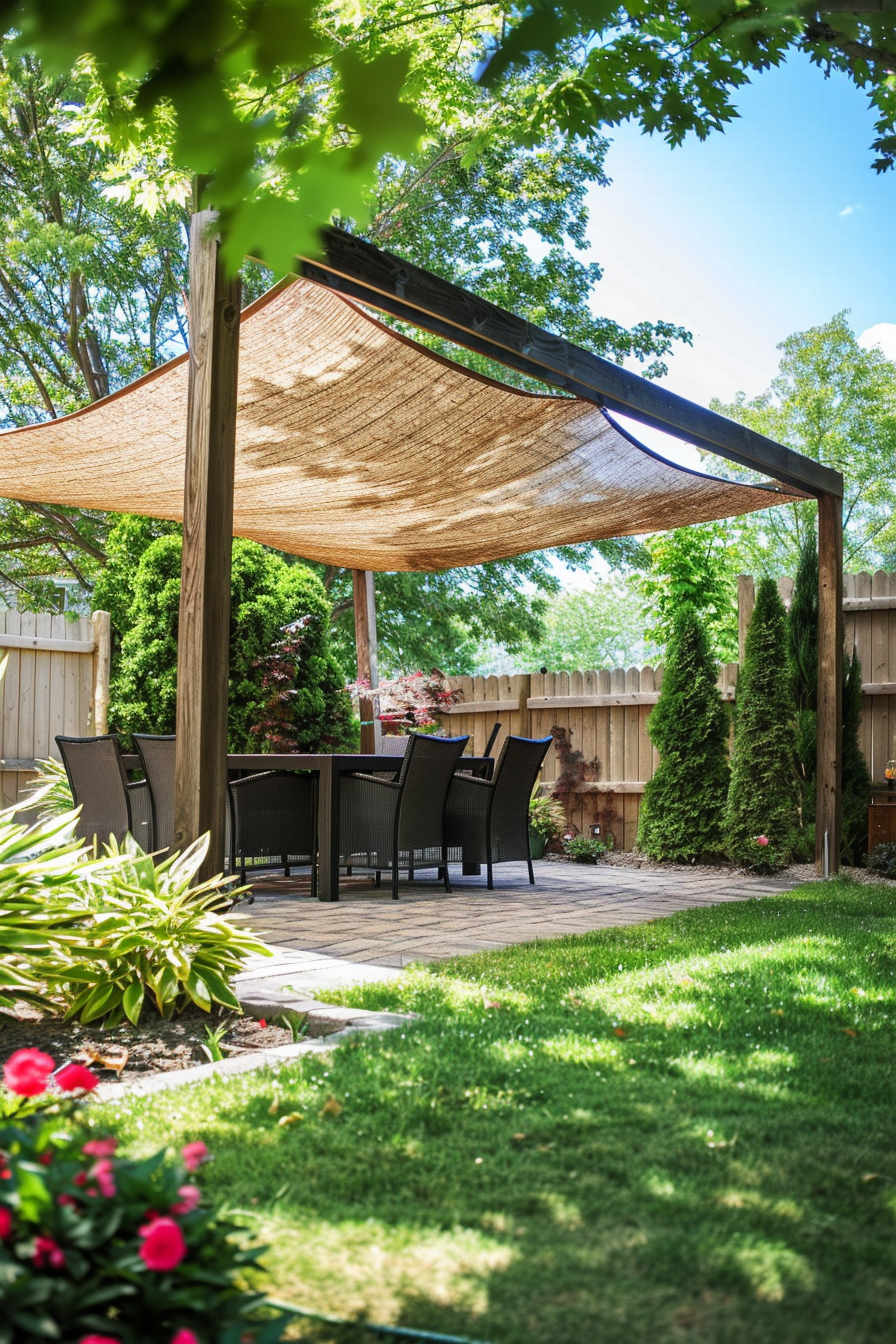 A serene garden patio with a dining set under a shaded canopy, surrounded by lush greenery and a wooden fence.