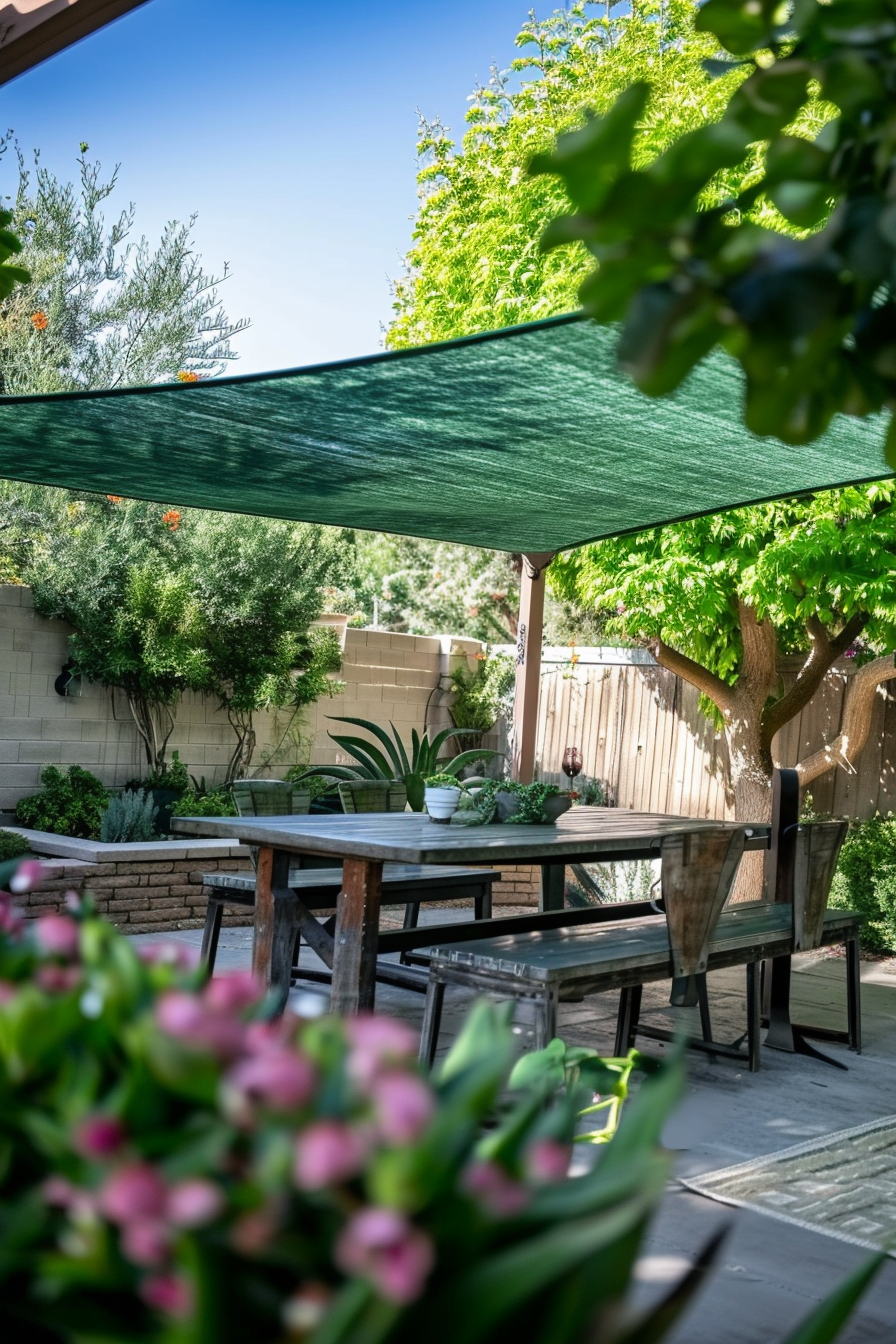 Outdoor dining area with wooden table and chairs under a green shade sail, surrounded by lush garden and blooming flowers.