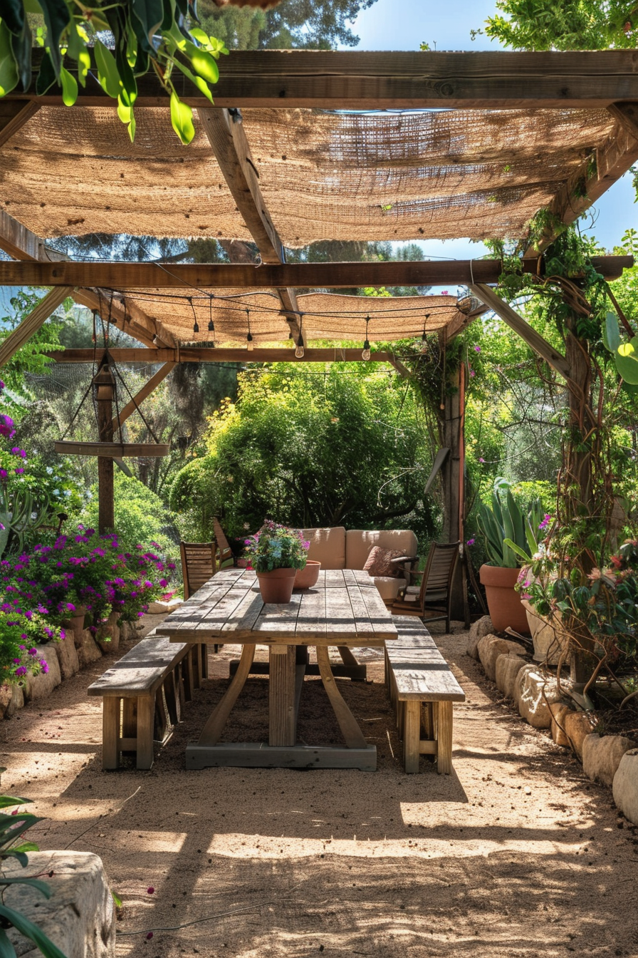 Cozy garden patio with a rustic wooden table and benches, shaded by a burlap canopy, surrounded by lush greenery and vibrant flowers.
