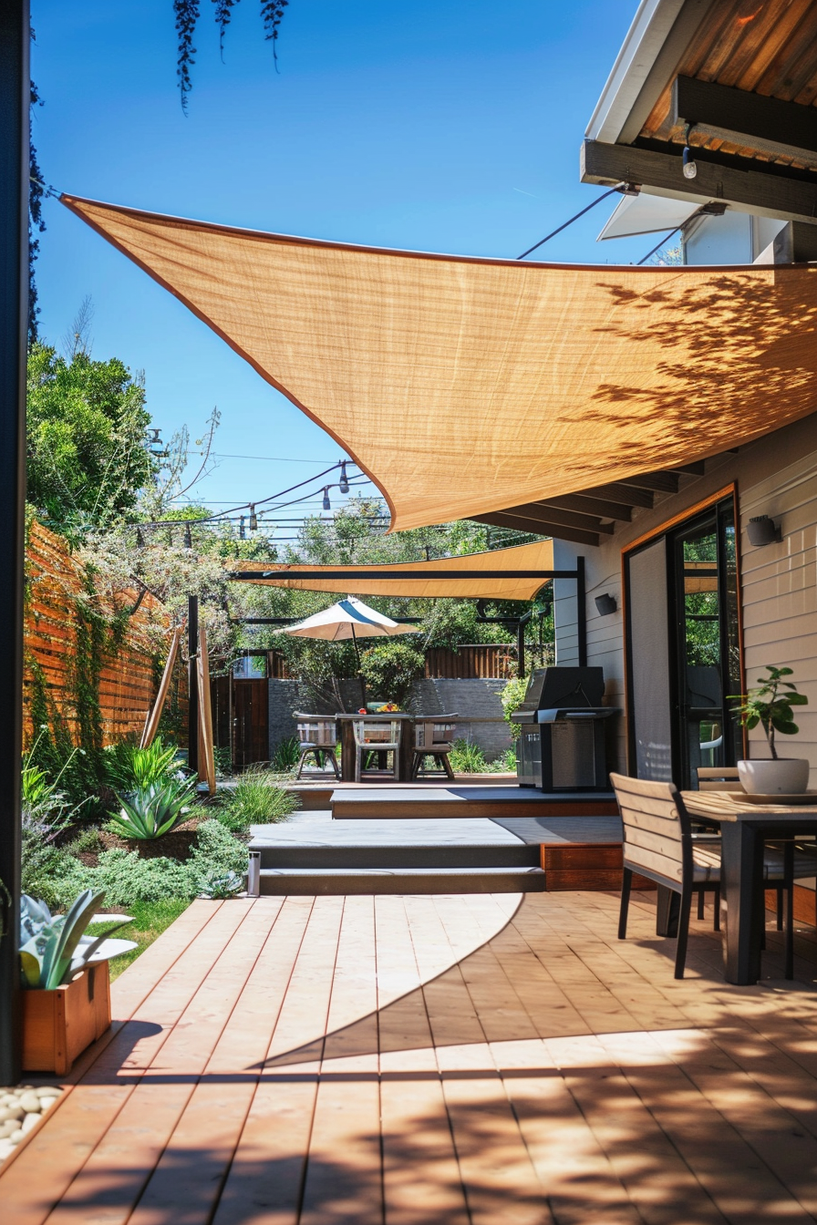 A sunny backyard with a shade sail, wooden deck, outdoor dining set, BBQ grill, and lush greenery.