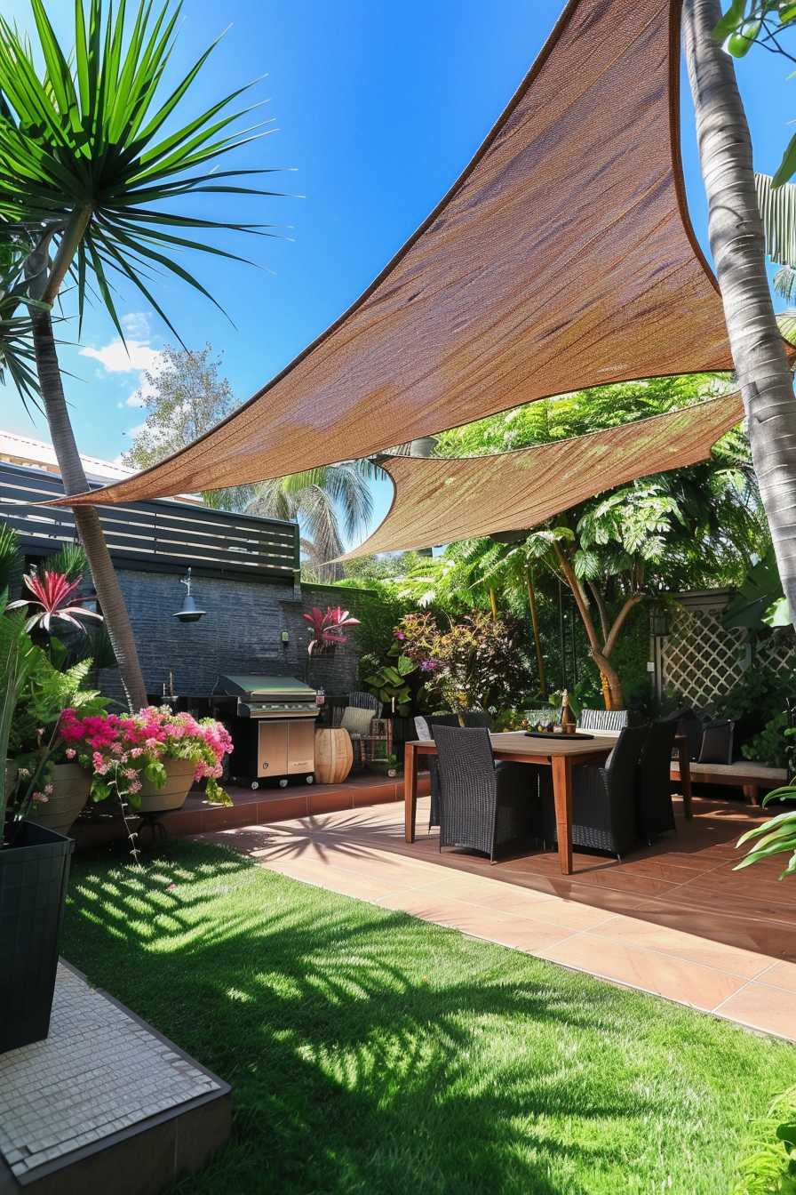 A serene backyard patio with an outdoor dining set, barbecue, lush plants, and a shade sail above on a sunny day.