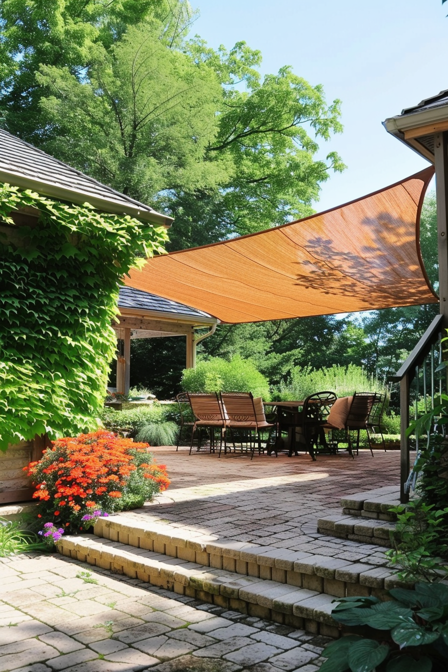 Sunlit backyard patio with orange shade sail, blooming flowers, and outdoor dining set surrounded by greenery.