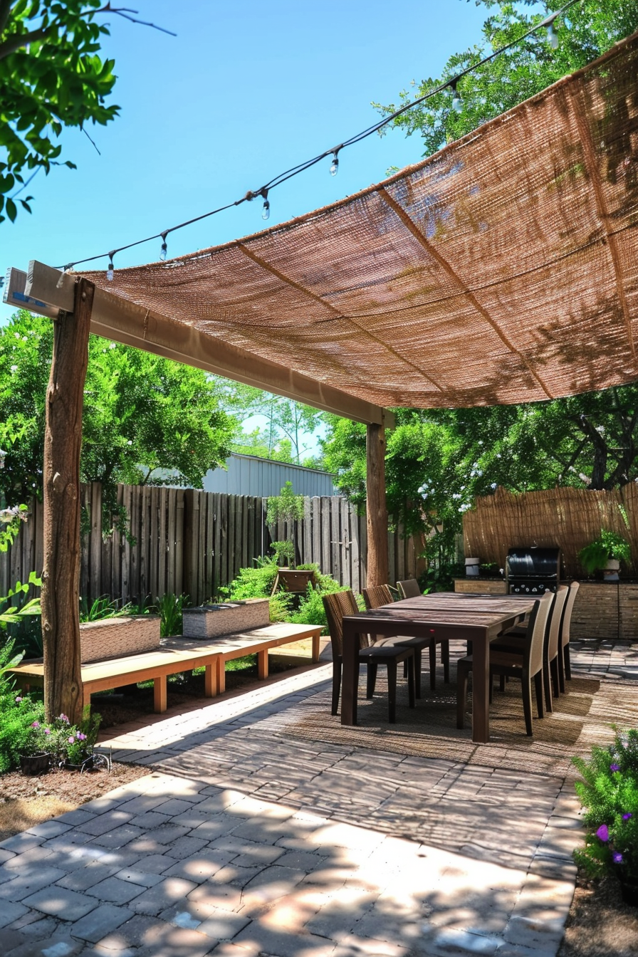 A cozy backyard patio with a dining set under a shade sail, string lights, and lush greenery surrounding the area.