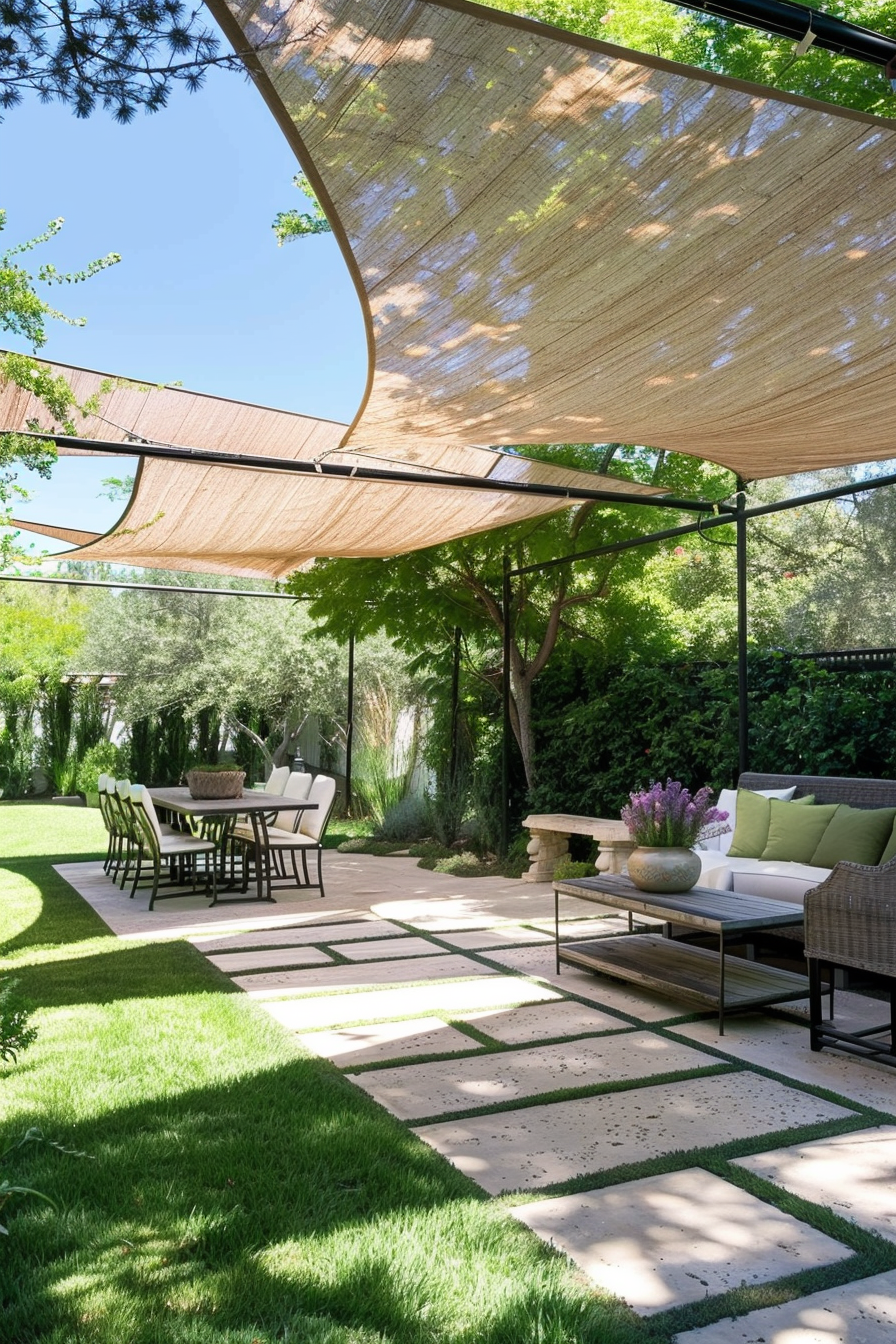A serene garden patio with shade sails, modern outdoor furniture, patterned paving, lawn, and lush greenery.