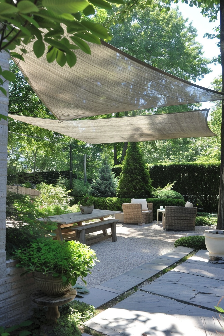 A serene garden patio with shade sails, wooden furniture, and lush greenery, offering a tranquil outdoor retreat.