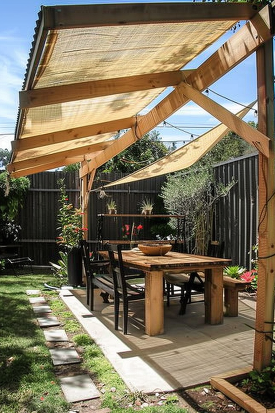 ALT text: "Cozy garden patio area with shaded wooden pergola, outdoor dining table and chairs on a concrete pad, flanked by lush greenery and path."