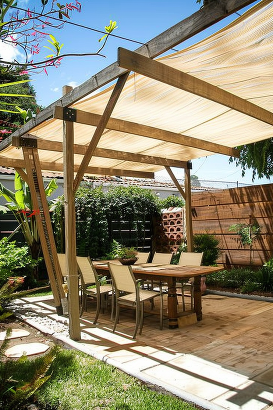 Wooden pergola with translucent roof covering outdoor dining set in a landscaped garden.