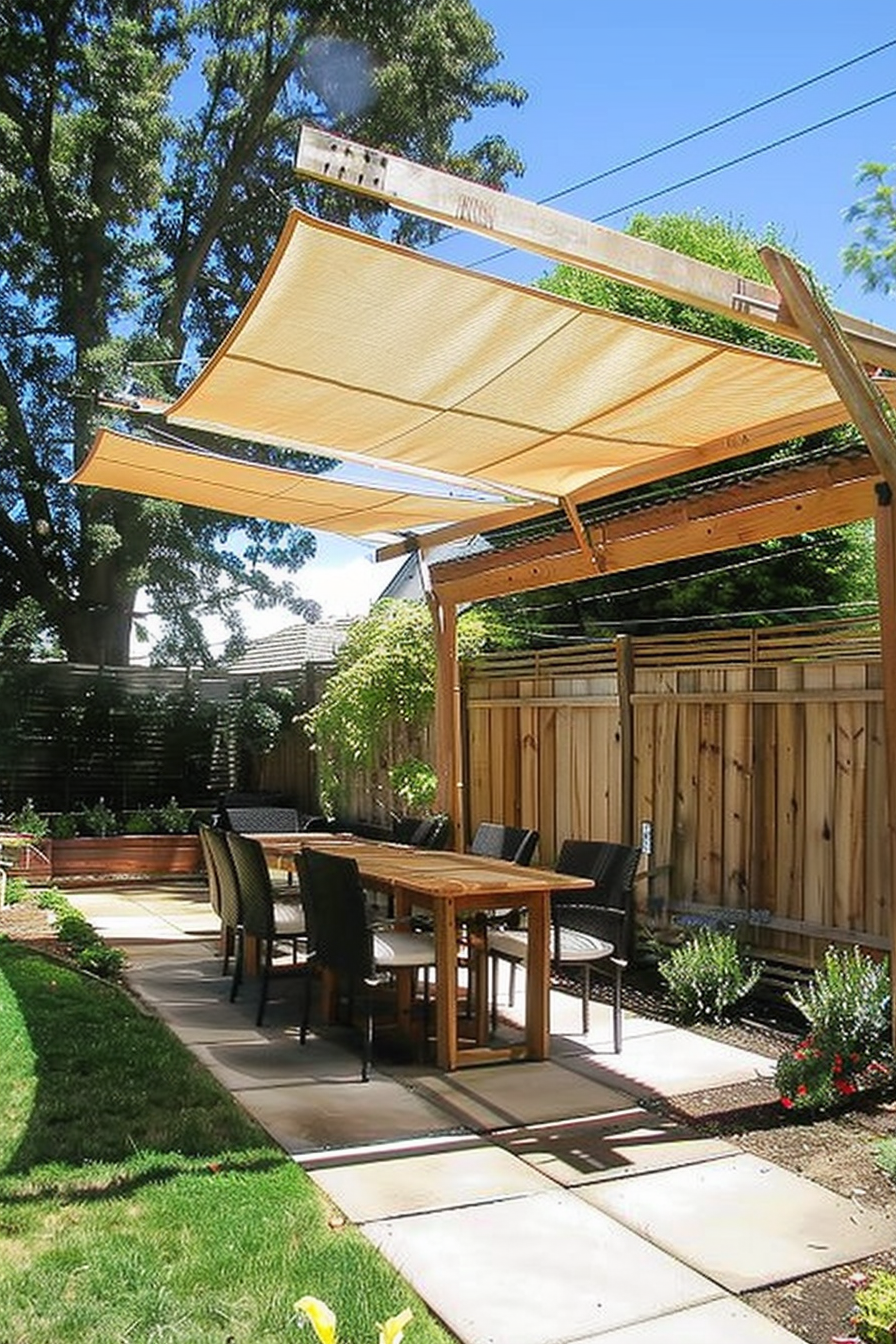 Outdoor dining space with a wooden table, chairs, and a retractable awning, surrounded by greenery and a wooden fence.