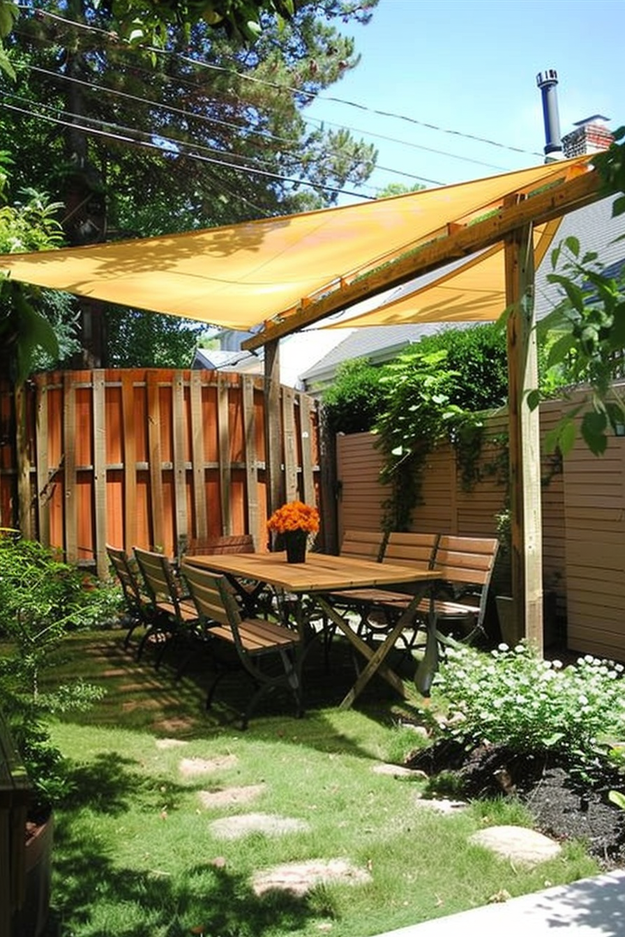 A cozy backyard patio with a wooden dining set under a yellow awning, surrounded by lush greenery and a wooden fence.