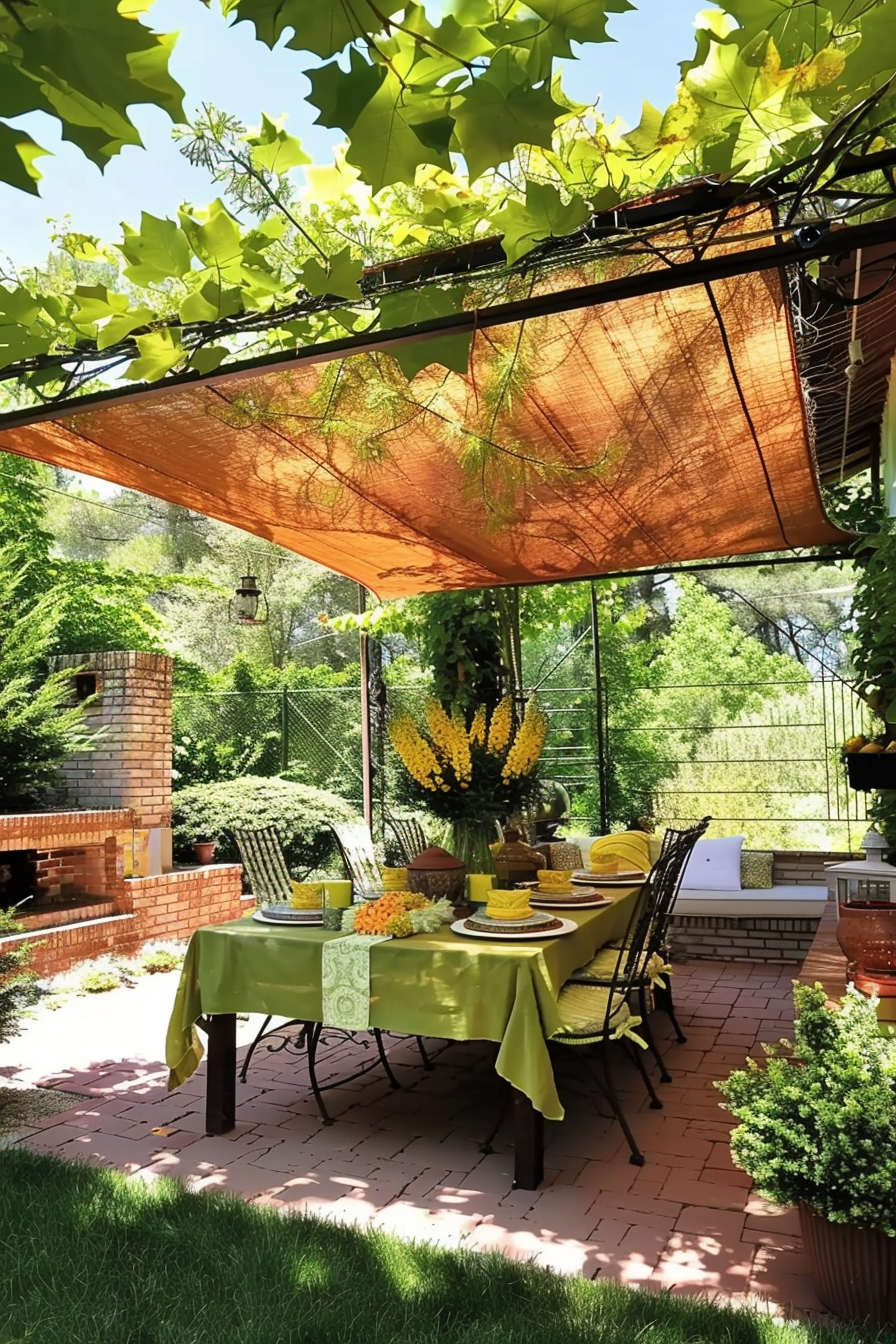 ALT: A cozy outdoor dining area under a shade cloth with a set table, nearby brick barbecue, and lush greenery around.