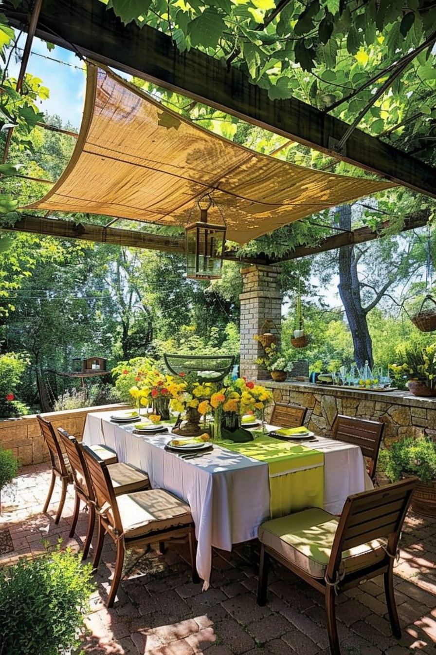 Outdoor dining setup under a shade sail with a table set for six, surrounded by lush greenery and hanging plants.