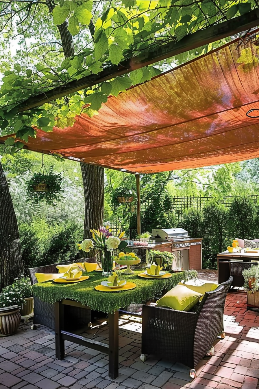 Outdoor patio dining area under a shaded orange fabric, with a vibrant table setting surrounded by greenery and a barbecue grill in the background.