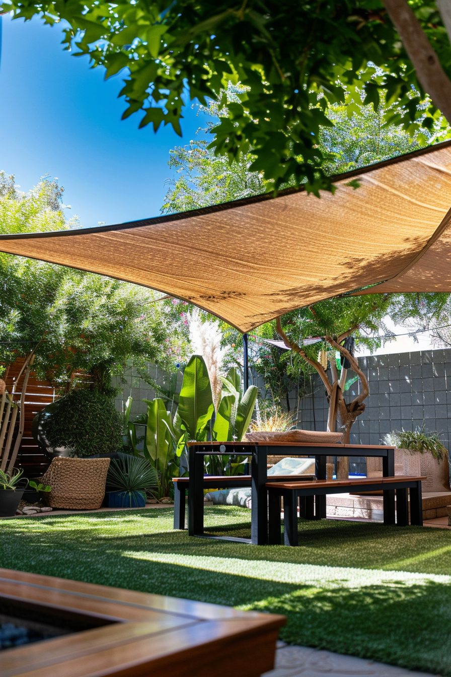 Tranquil backyard garden with a shade sail, wooden furniture on synthetic grass, lush plants, and a clear blue sky.
