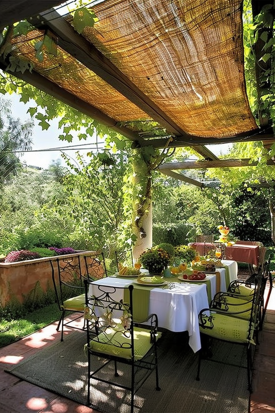 A cozy outdoor dining area with a pergola covered by a shaded net, surrounded by lush greenery and set with refreshments.