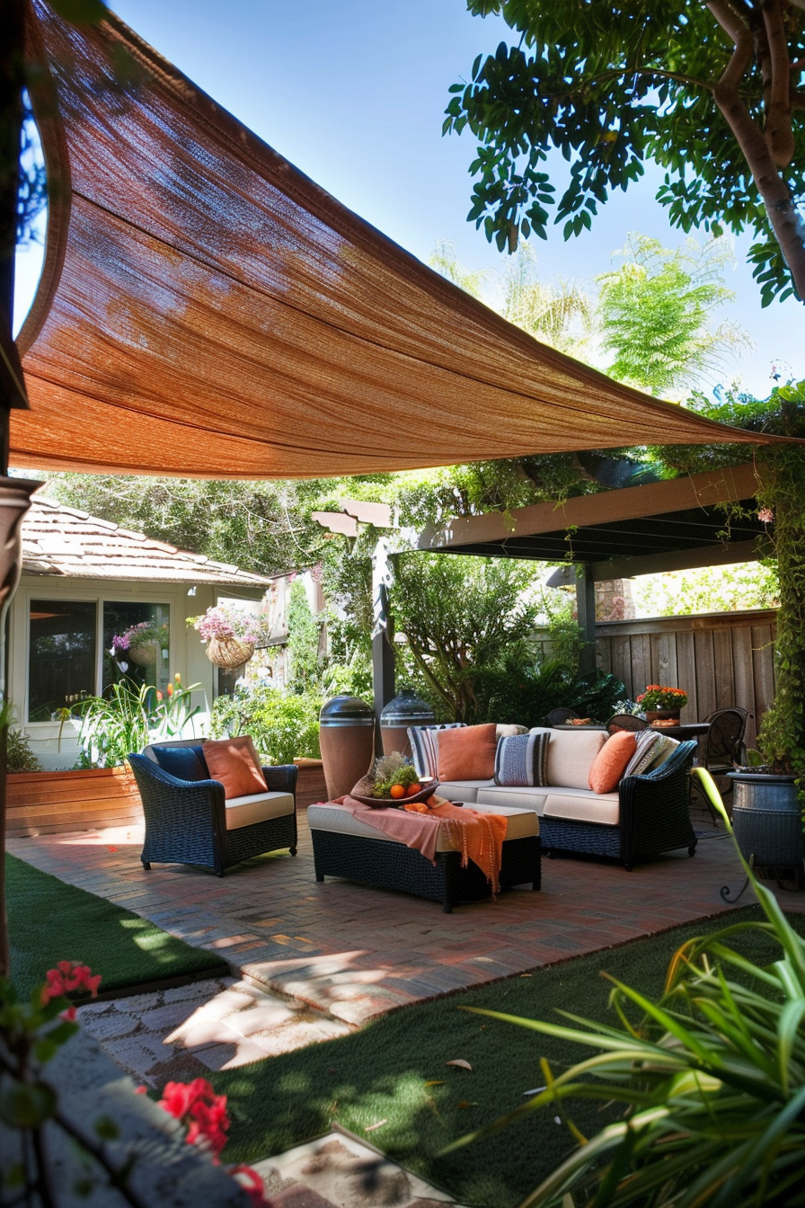 Cozy outdoor patio with wicker furniture, cushions, and a shade sail, nestled in a lush garden setting.