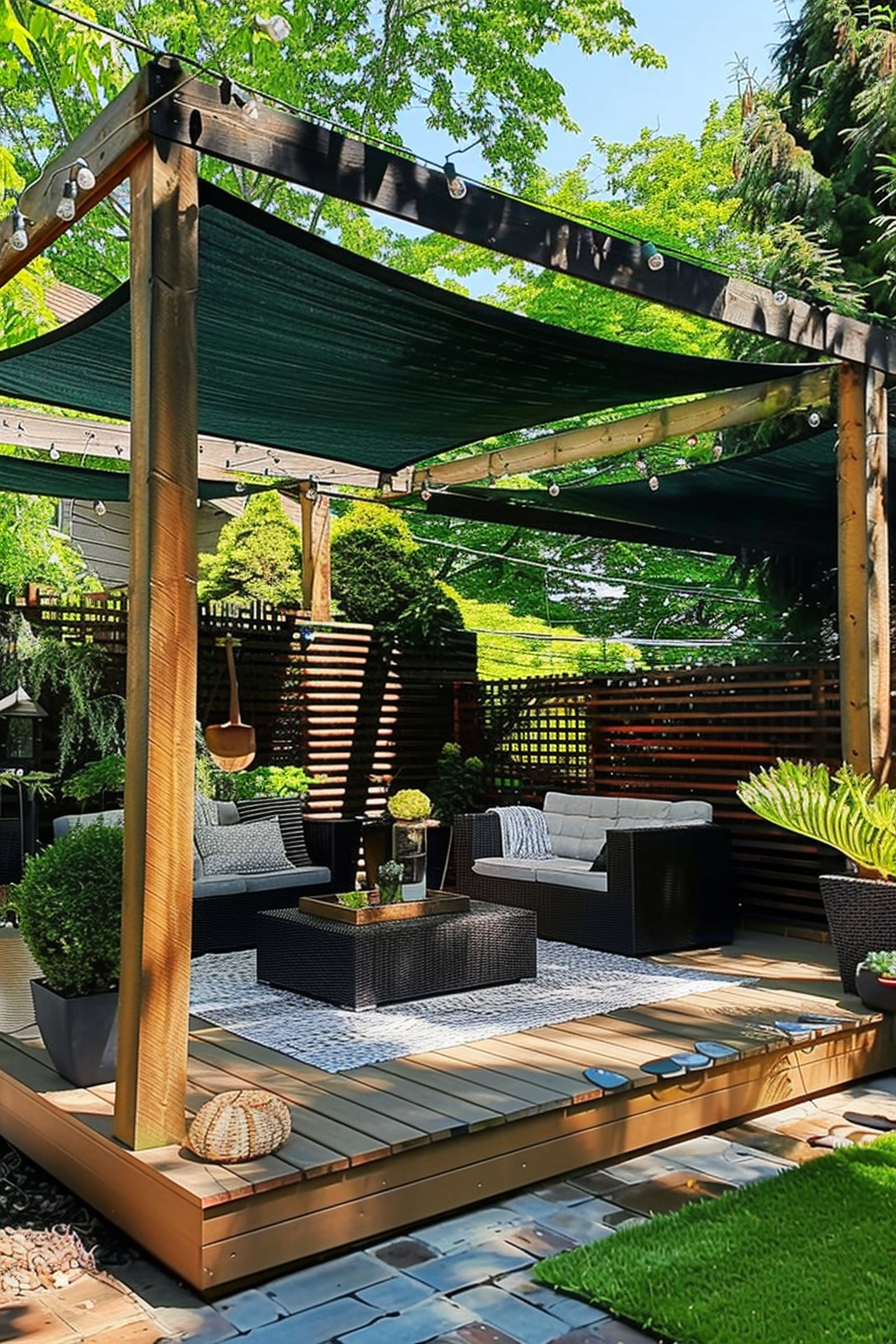Cozy outdoor patio with wooden decking, wicker furniture, and a green sun shade, surrounded by plants and trees.