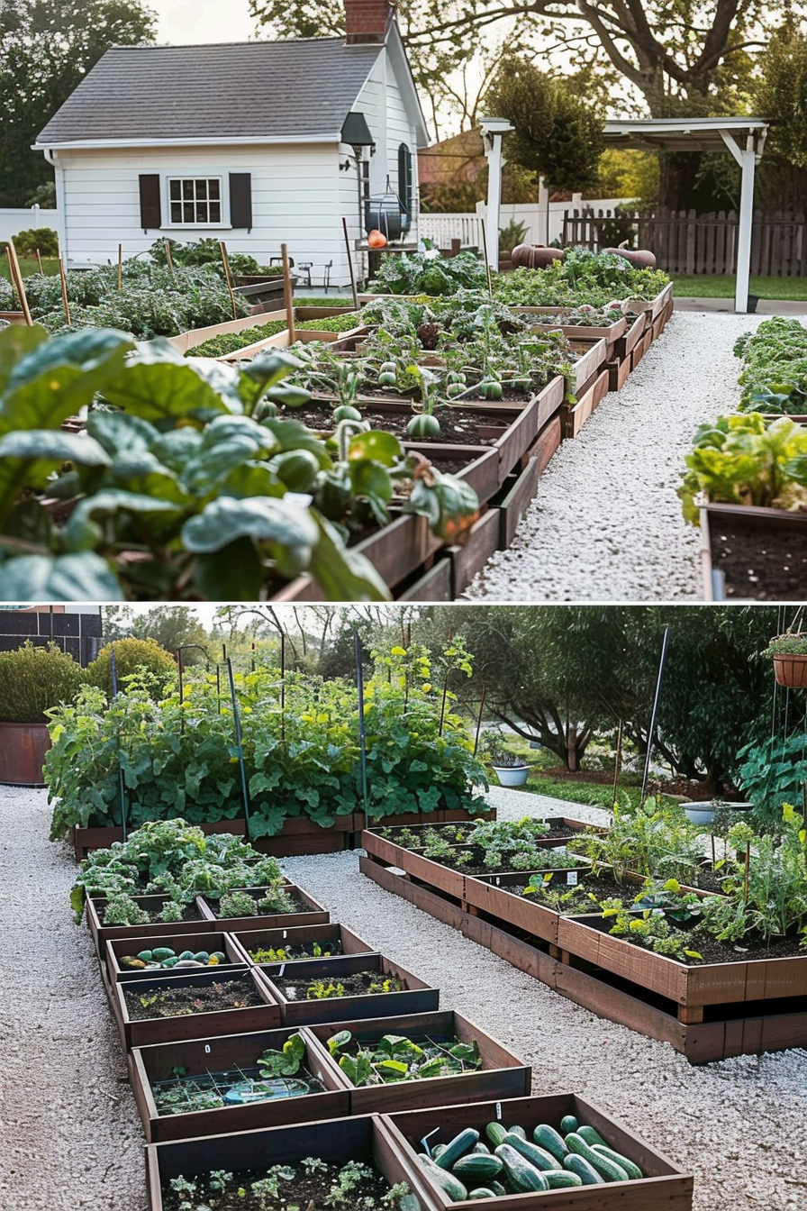 ALT: A well-maintained backyard vegetable garden with raised wooden beds filled with various plants, in front of a small white house with shutters.