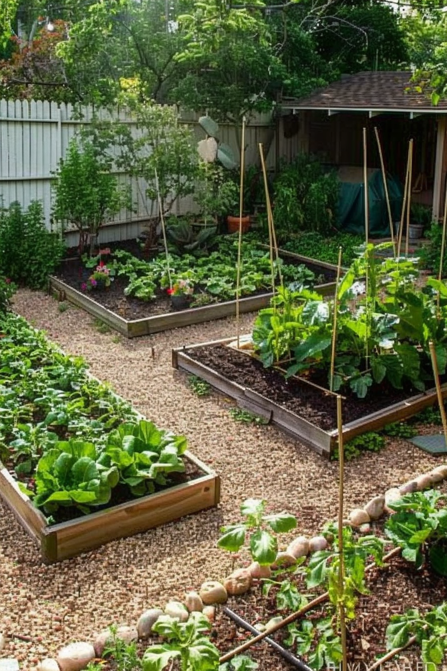 Raised garden beds with lush plants in a backyard, surrounded by gravel pathways.