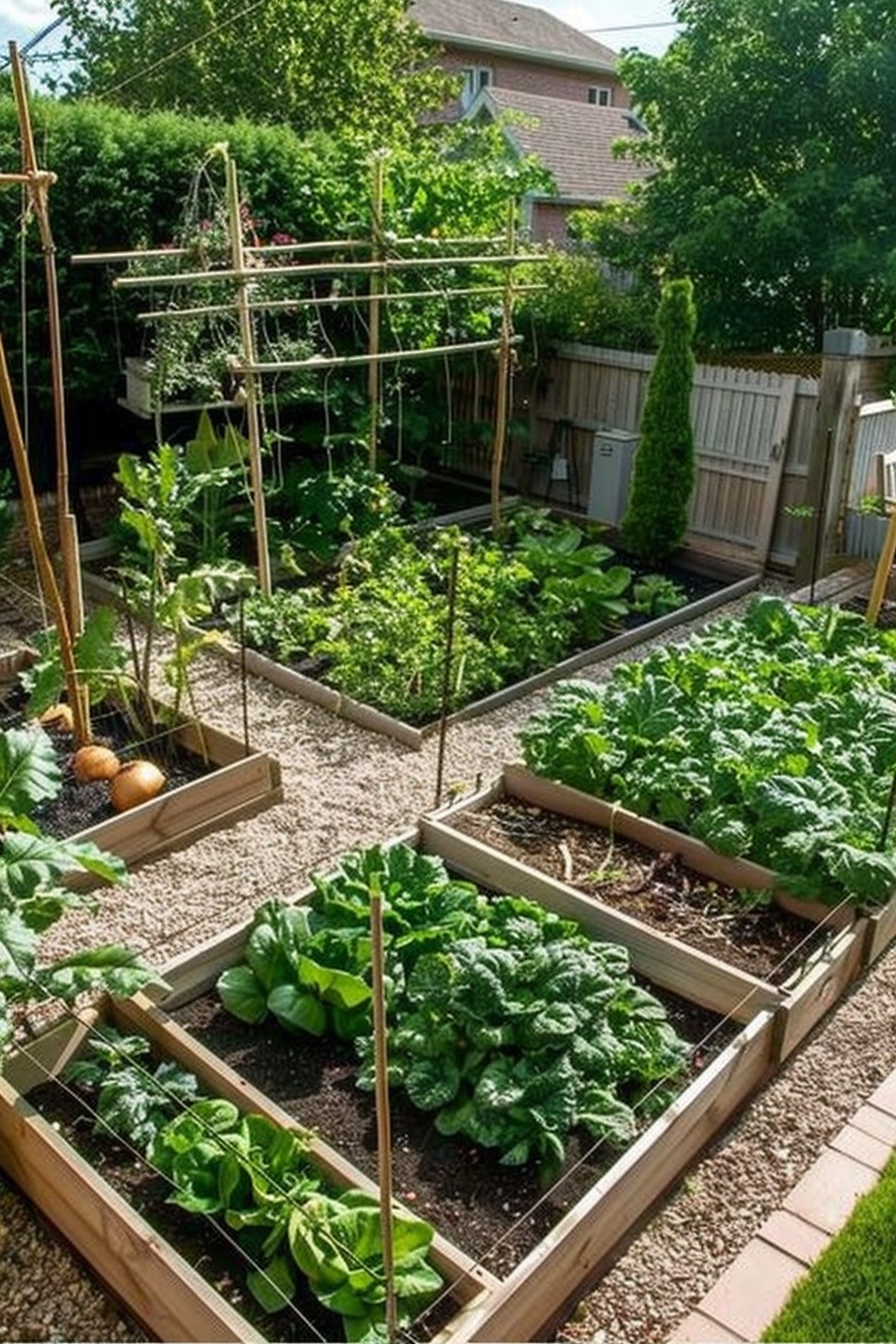 Raised garden beds with various vegetables and a trellis system in a sunny backyard garden.