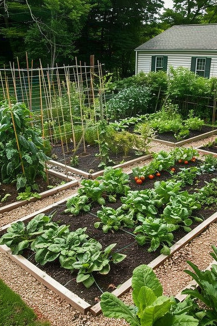 A well-organized home garden with raised beds of lush vegetables and a trellis for climbing plants, adjacent to a house.