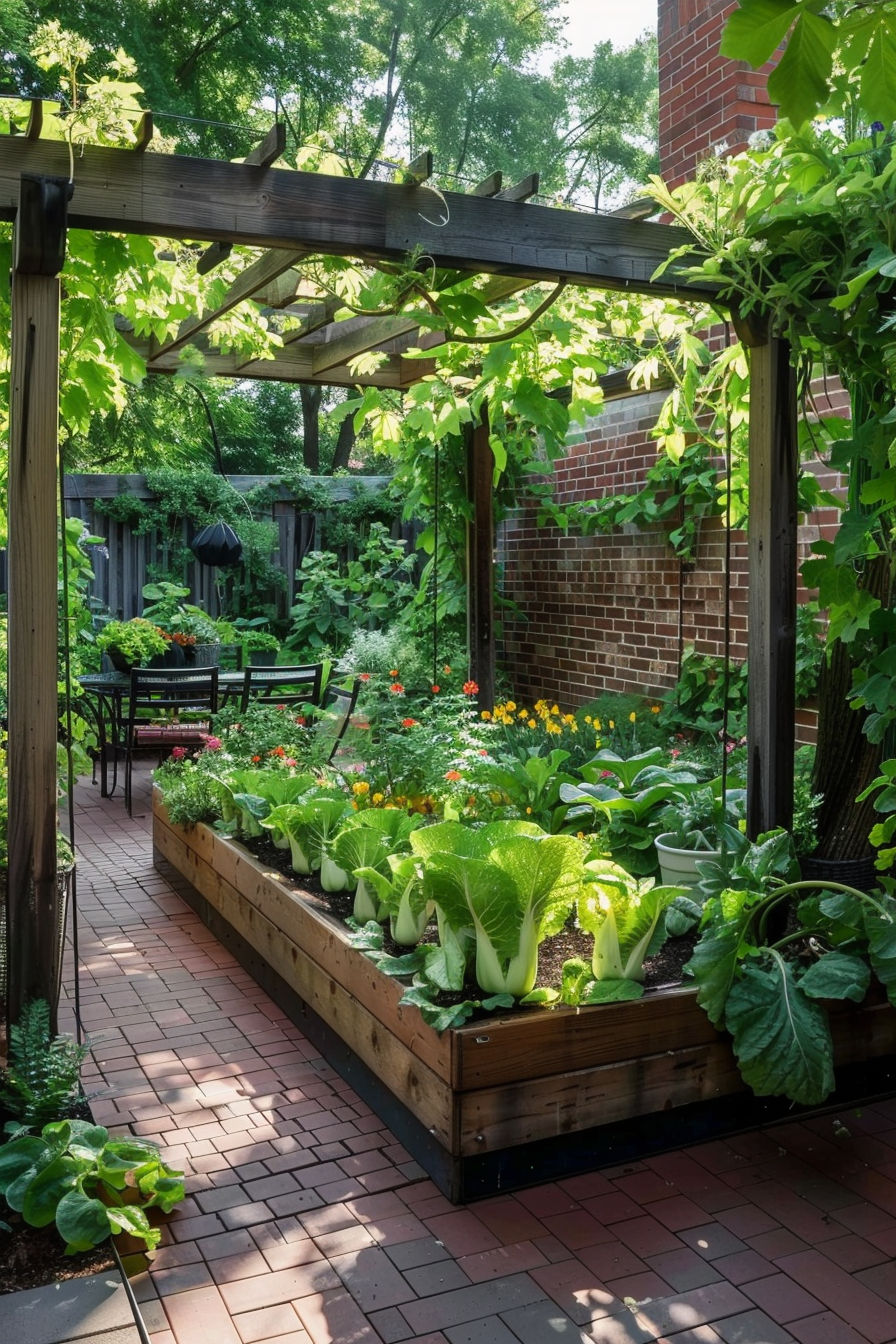 ALT: A lush garden with raised beds full of leafy greens, framed by a wooden pergola, alongside brick walls and a paved path.