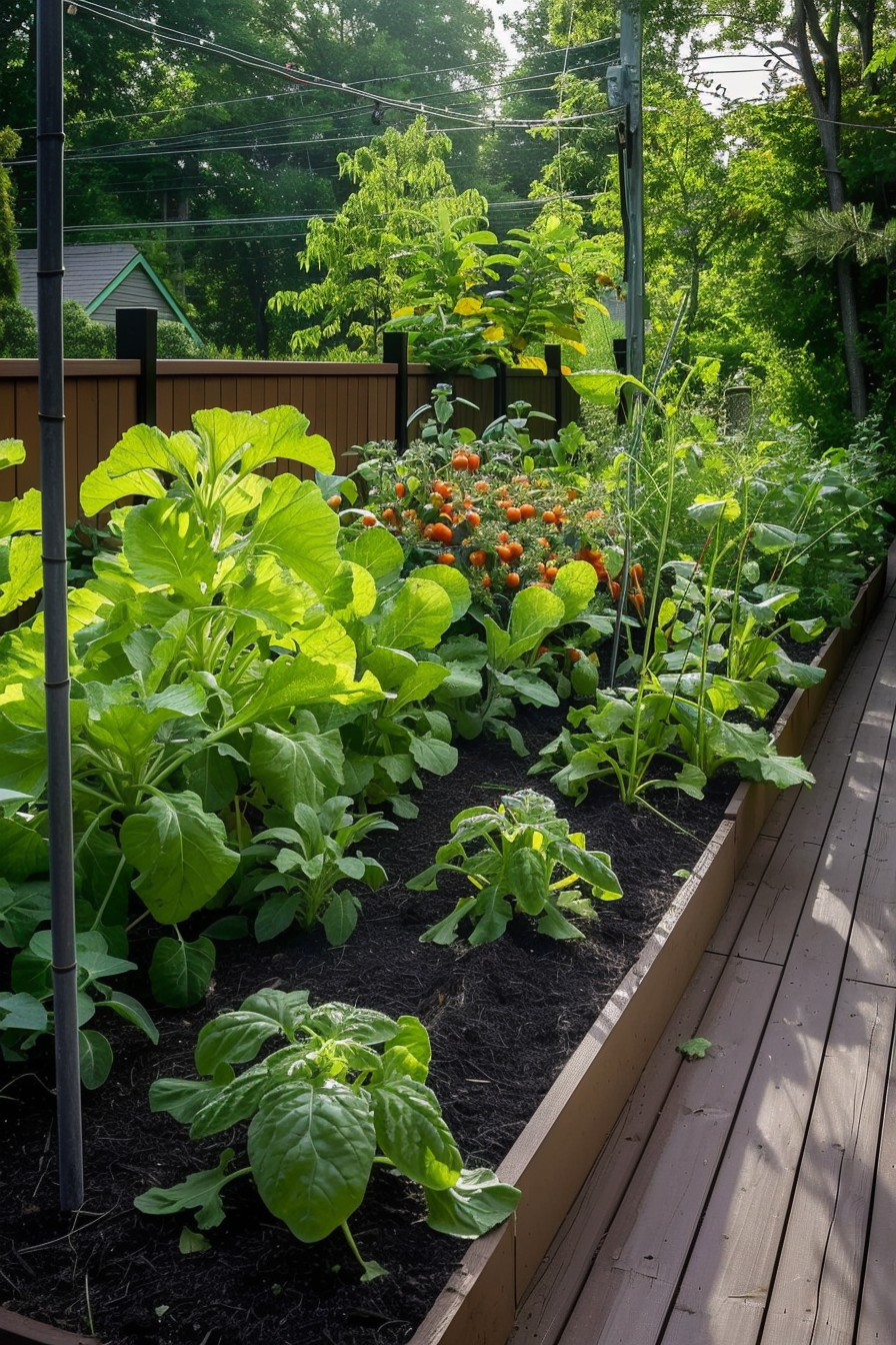 Raised garden bed filled with vibrant greens and tomato plants on a sunny day, surrounded by a wooden walkway.