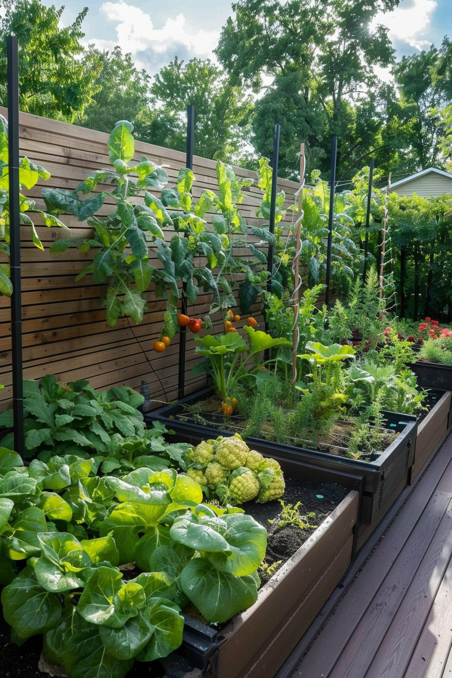 A vibrant urban garden with raised beds featuring a variety of vegetables including tomatoes, lettuce, and cabbages, beneath a sunny sky.