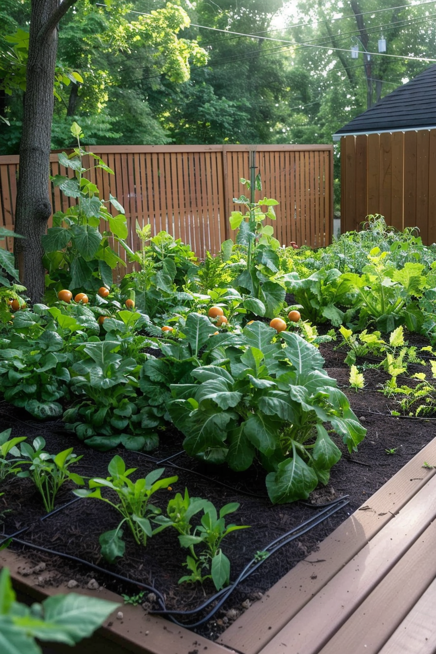 Lush backyard vegetable garden with raised beds, mature plants, and green foliage, enclosed by a wooden fence.