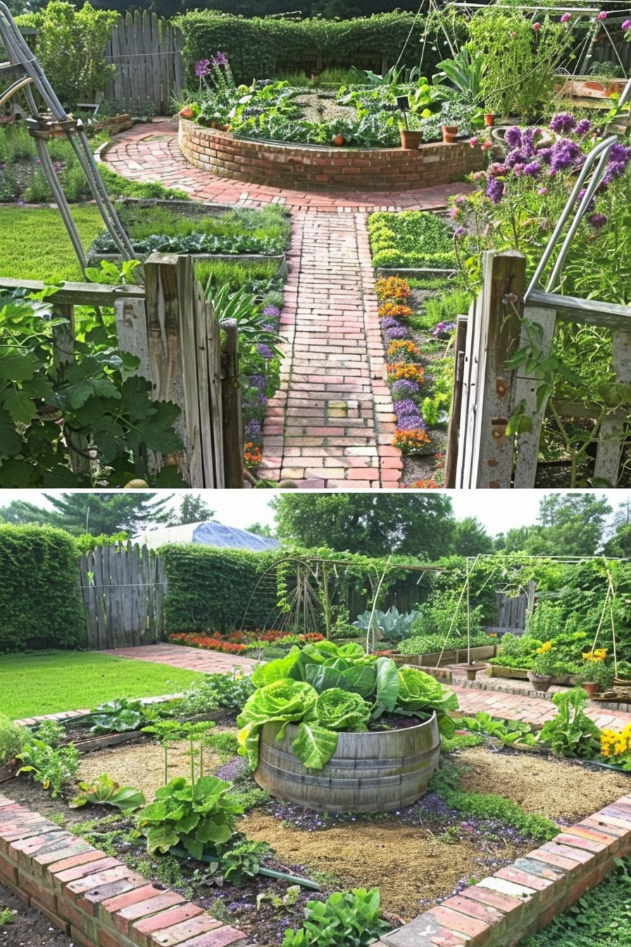 ALT: Two images of a lush garden with brick pathways, raised beds, and assortments of vegetables and flowers, framed by a wooden gate and hedges.