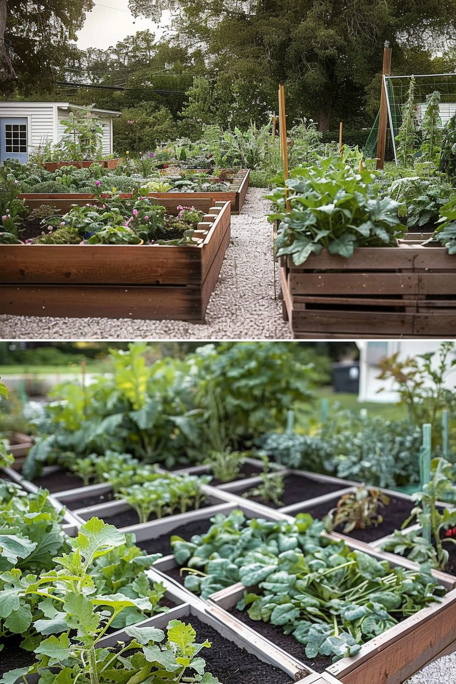 Raised garden beds filled with various plants in a backyard with a gravel pathway leading between them.