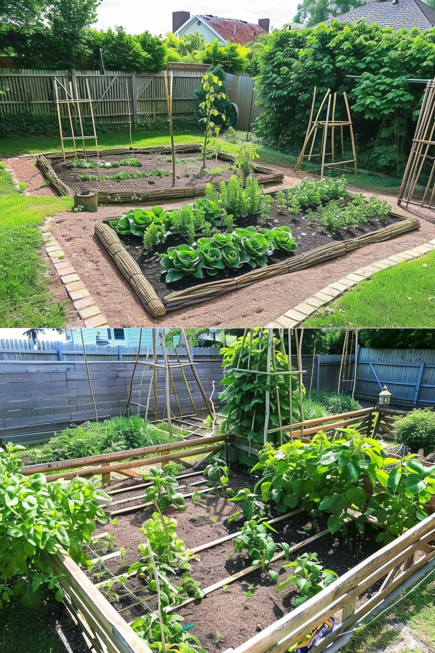 ALT text: A well-maintained backyard vegetable garden with raised beds, various plants, and support structures in a residential area during daytime.