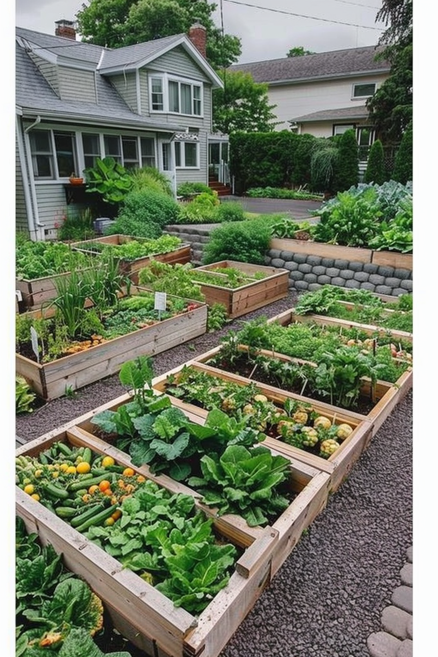 A well-maintained backyard vegetable garden with raised beds full of green plants, in front of a gray house.