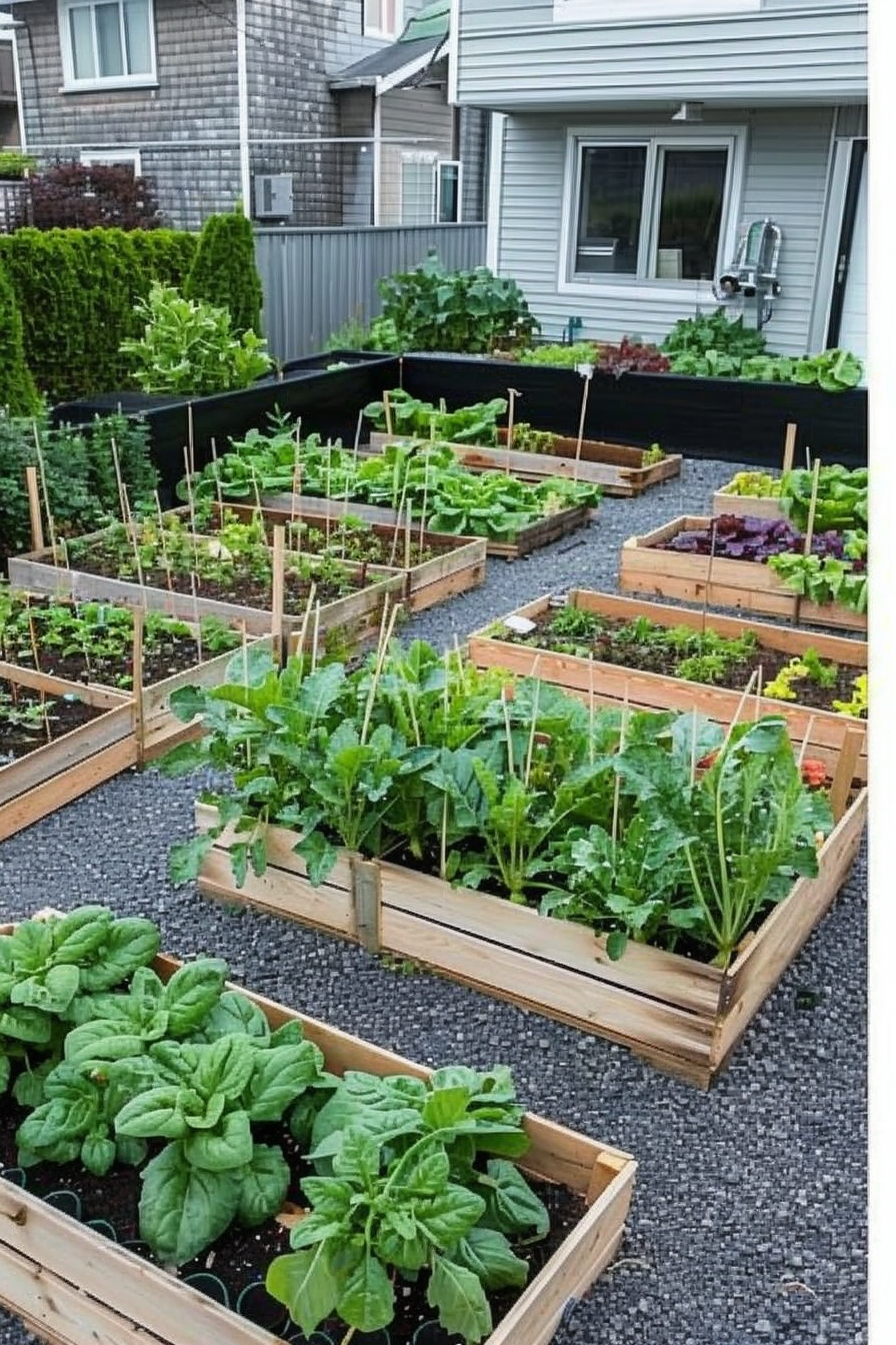 ALT: Multiple raised garden beds with a variety of green leafy vegetables, in a well-organized backyard garden adjacent to a house.