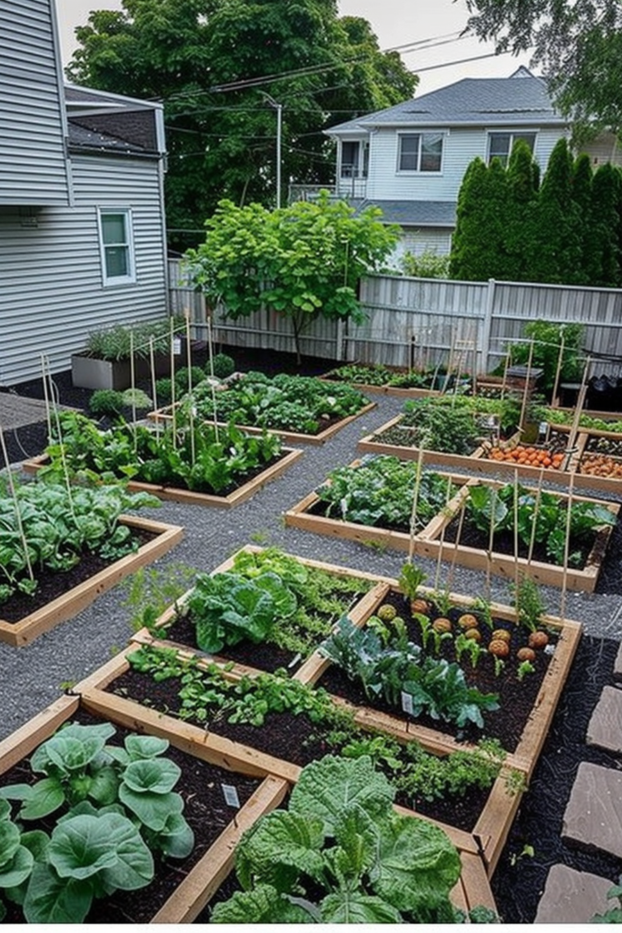 A well-organized urban garden with multiple raised beds containing various vegetables and surrounded by gravel paths.