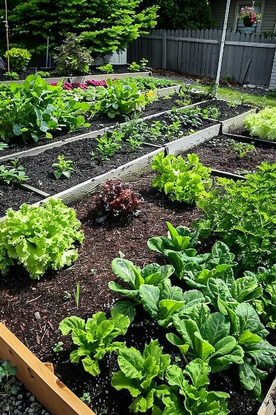 Raised garden beds with various leafy greens and flowers, showing a healthy homegrown vegetable garden.