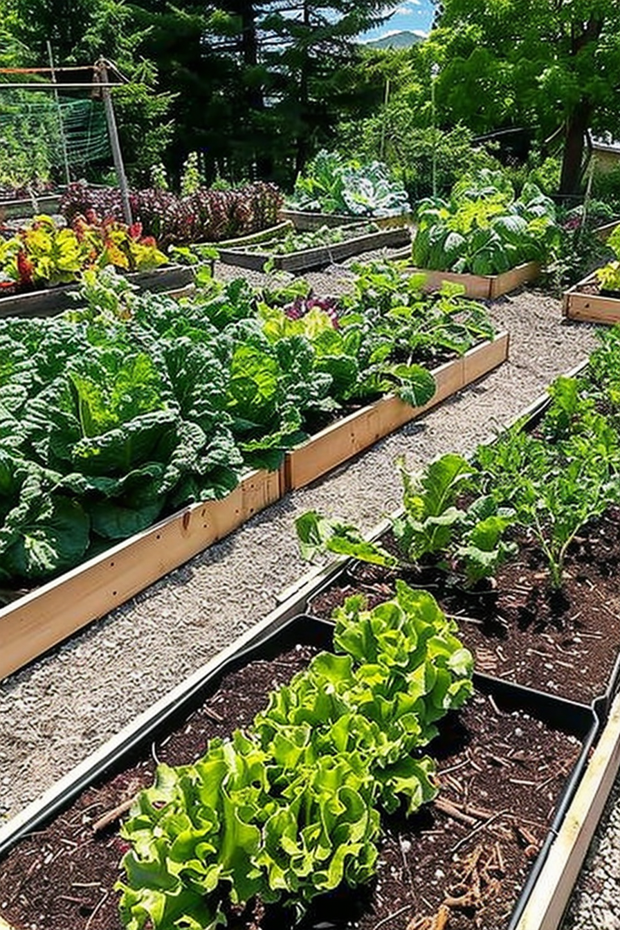 Raised garden beds with a variety of lush vegetables on a sunny day.