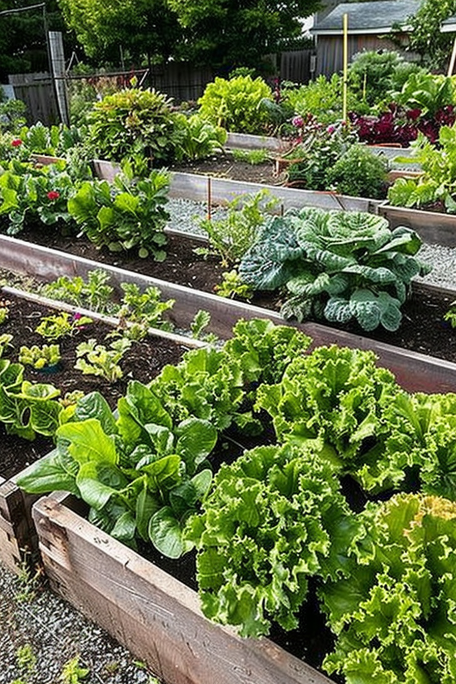 Raised garden beds with a variety of lush green vegetables and leafy plants in a backyard.