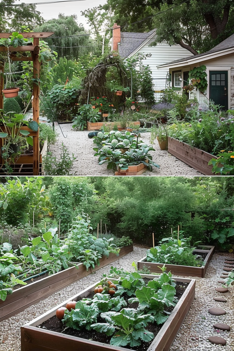 Two vertical images of an urban garden with raised beds full of lush vegetables, potted plants, and a gravel pathway.