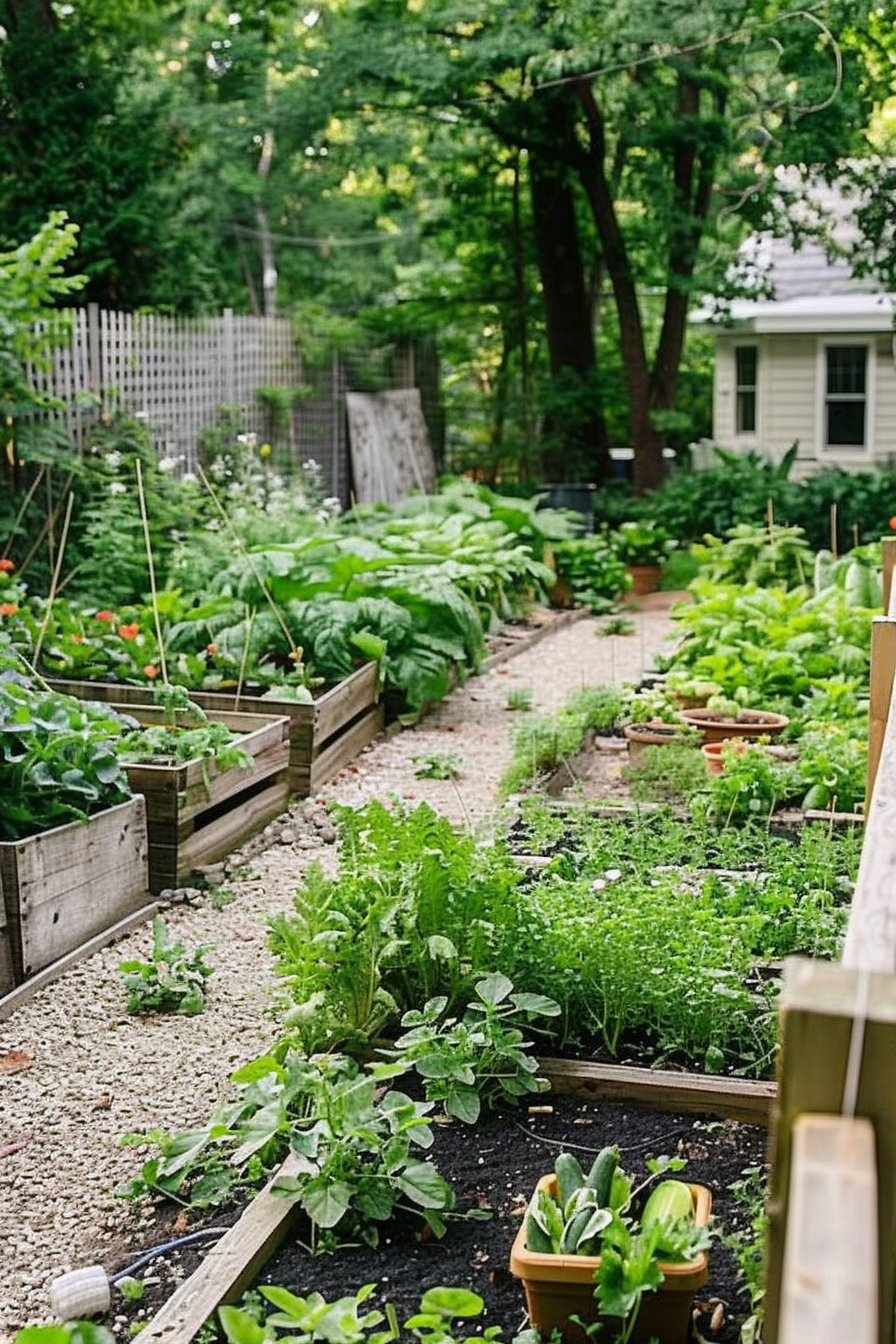 A lush backyard vegetable garden with raised beds filled with various plants, bordered by a gravel path, and a white house in the background.