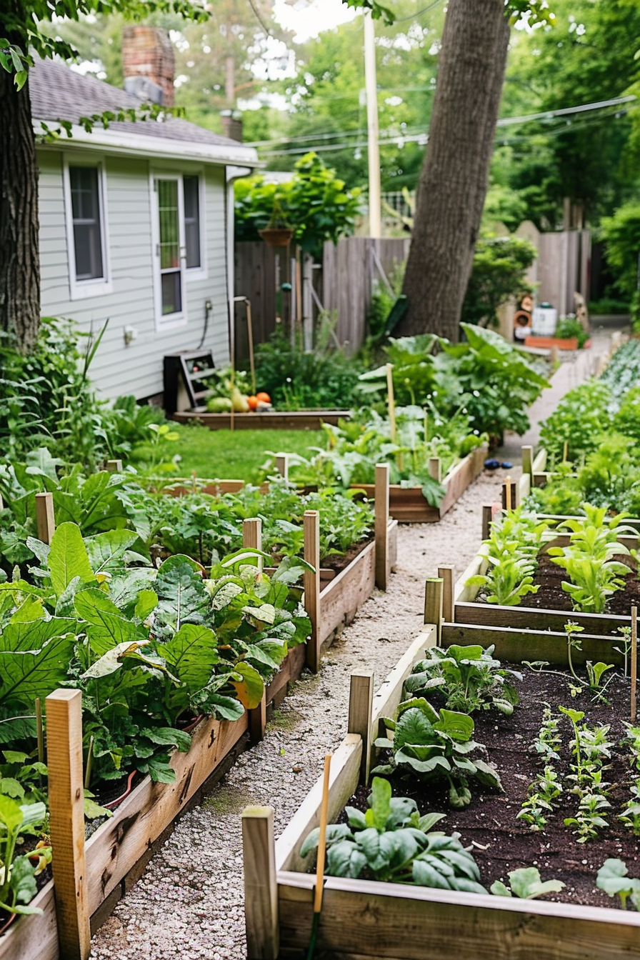 ALT text: A backyard garden with multiple raised beds filled with lush green plants and vegetables, nestled next to a white house.