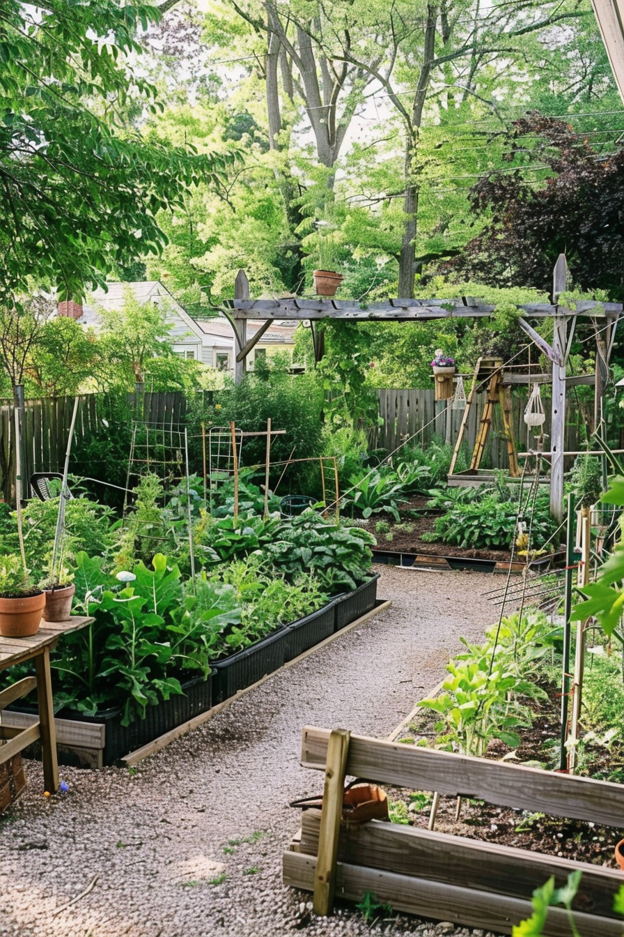 ALT: A lush backyard garden with raised beds full of green plants, surrounded by trees, with a gravel path leading through it.