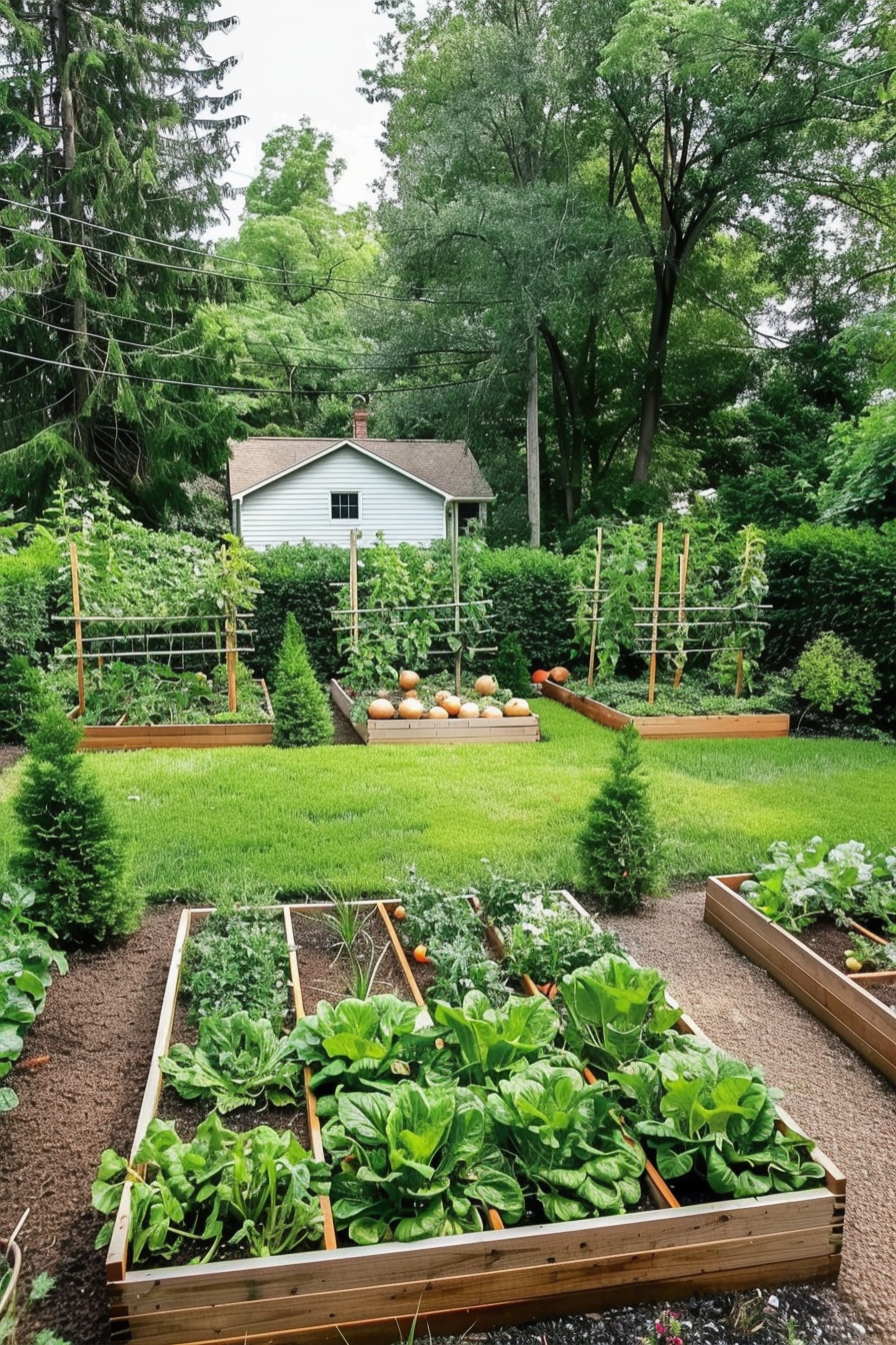 ALT text: "Organized backyard garden with raised beds of vibrant greens and vegetables, trellises for climbing plants, all before a quaint white house."