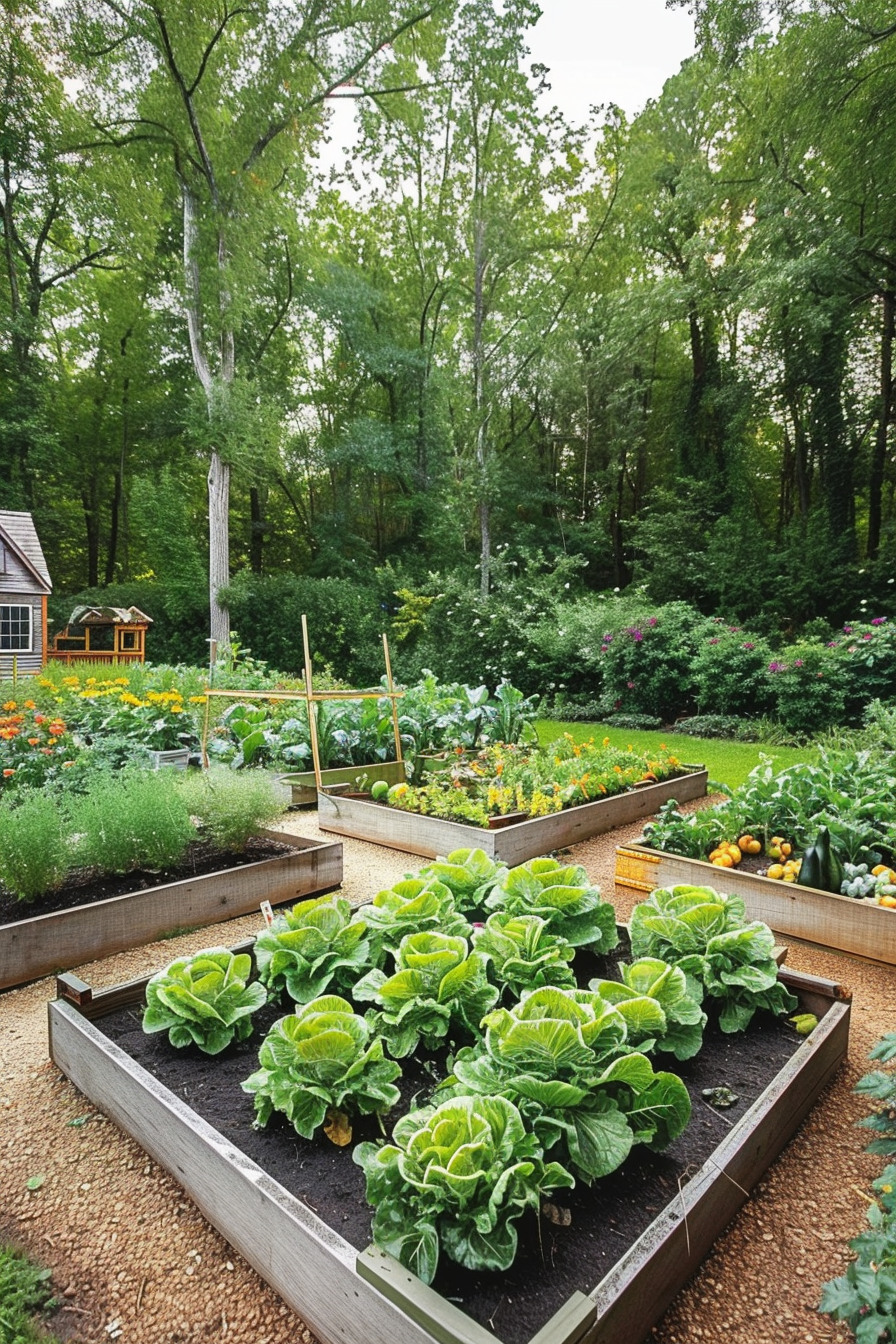 A lush vegetable garden with raised beds of lettuce and tomatoes, surrounded by trees and a small shed.