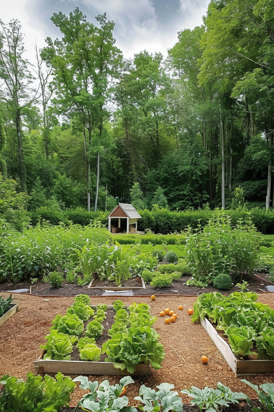 Alt text: A well-maintained vegetable garden with raised beds of lettuce and tomatoes in the foreground and a small wooden hut amidst greenery in the background.