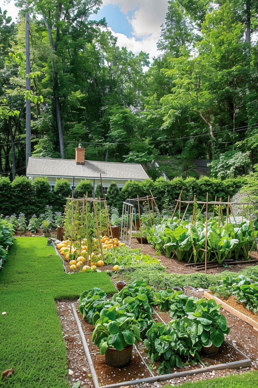 ALT: A lush backyard vegetable garden with neat rows of plants, trellises for climbing vegetables, and a quaint house in the background.