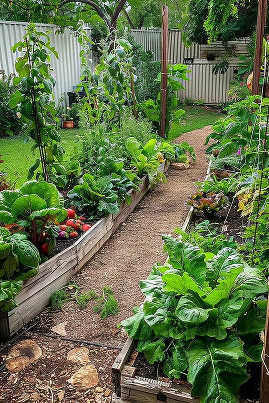 Lush backyard vegetable garden with raised wooden beds full of green plants and a gravel path between them.